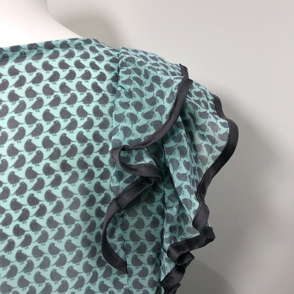 Robin-K Semi-Sheer Robin / Bird Print Ruffle Top - Picture 6 of 9